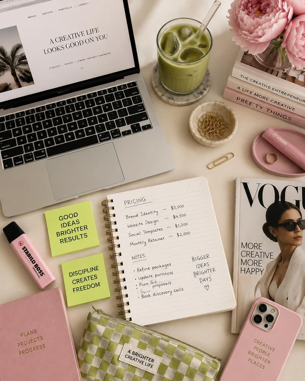 Desk with laptop, notebook and matcha